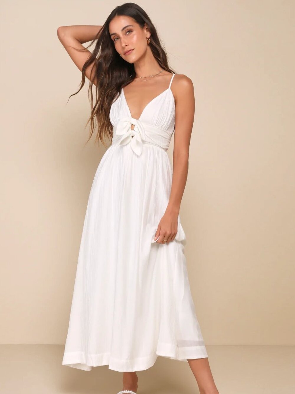 White Bow Sleeveless Midi Dress